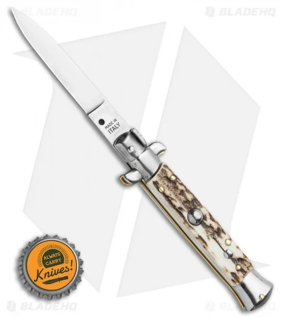 Frank B 7.5" Italian Stiletto Automatic Knife Stag Horn (3.5" Polish Flat Grind) - Image 4