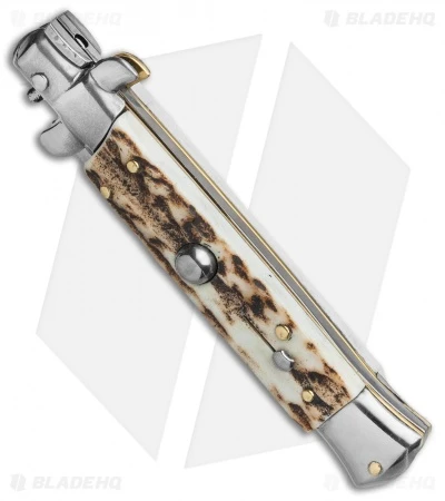 Frank B 7.5" Italian Stiletto Automatic Knife Stag Horn (3.5" Polish Flat Grind) - Image 2