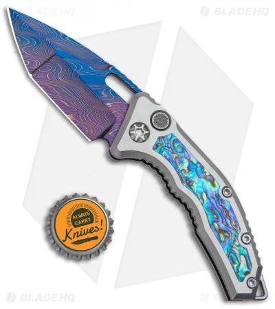 Heretic Knives Custom Medusa Automatic Knife Ti/Abalone (3" Blue Damascus) - Image 4